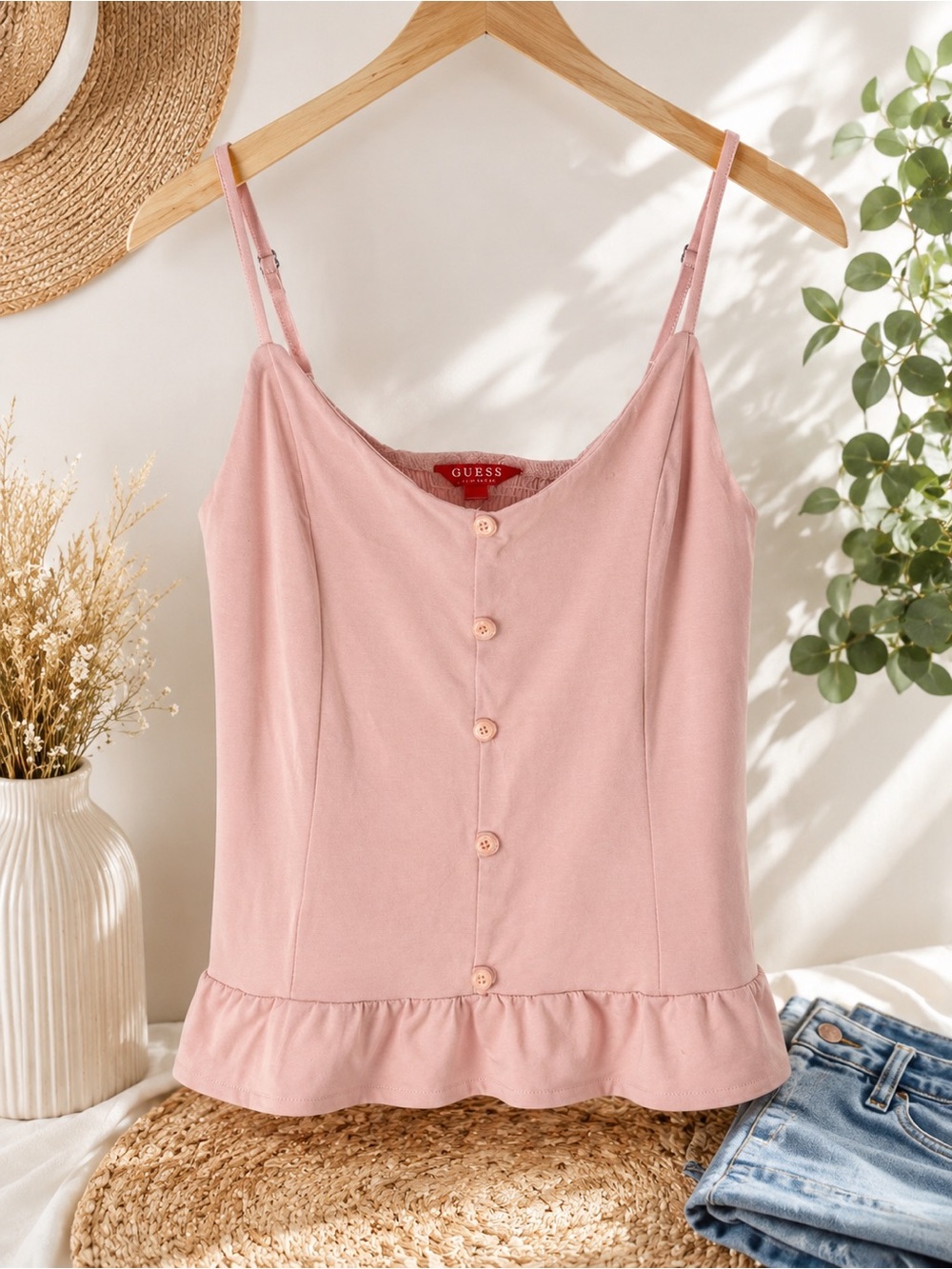 GUESS Los Angeles Blush Pink Smocked Back Peplum Cami Tank Top Small